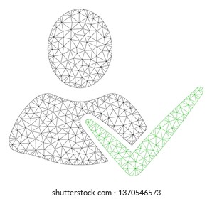 Mesh approve user polygonal 2d illustration. Abstract mesh lines and dots form triangular approve user. Wire frame 2D polygonal line network in vector format isolated on a white background.