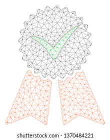 Mesh approvement seal polygonal 2d illustration. Abstract mesh lines and dots form triangular approvement seal. Wire frame 2D polygonal line network in vector format isolated on a white background.