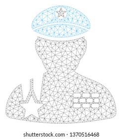 Mesh army general polygonal 2d illustration. Abstract mesh lines and dots form triangular army general. Wire frame 2D polygonal line network in vector format isolated on a white background.