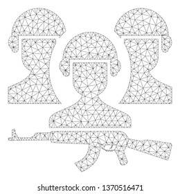 Mesh army polygonal 2d illustration. Abstract mesh lines and dots form triangular army. Wire frame 2D polygonal line network in vector format isolated on a white background.