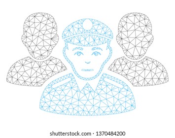 Mesh army team polygonal 2d illustration. Abstract mesh lines and dots form triangular army team. Wire frame 2D polygonal line network in vector format isolated on a white background.