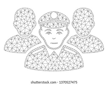 Mesh army team polygonal icon illustration. Abstract mesh lines and dots form triangular army team. Wire frame 2D polygonal line network in vector format isolated on a white background.