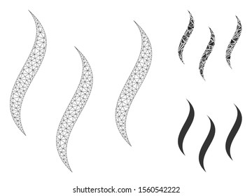 Mesh aroma steam model with triangle mosaic icon. Wire carcass polygonal mesh of aroma steam. Vector mosaic of triangles in different sizes, and color tones. 