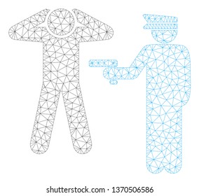 Mesh arrest polygonal 2d illustration. Abstract mesh lines and dots form triangular arrest. Wire frame 2D polygonal line network in vector format isolated on a white background.