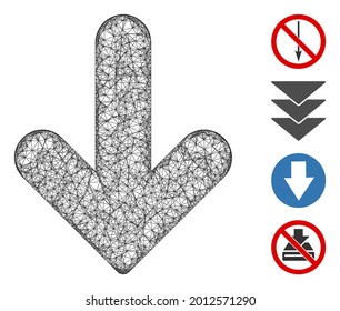 Mesh arrow down web 2d vector illustration. Carcass model is based on arrow down flat icon. Mesh forms abstract arrow down flat model. Wire frame flat web network isolated on a white background.