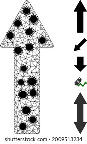 Mesh up arrow polygonal symbol vector illustration, with black infection nodes. Abstraction is created from up arrow flat icon, with infection elements and triangular mesh.