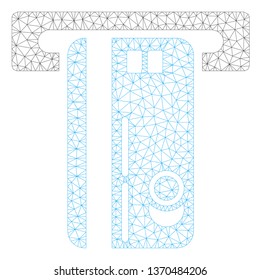Mesh ATM machine polygonal icon illustration. Abstract mesh lines and dots form triangular ATM machine. Wire frame 2D polygonal line network in vector format isolated on a white background.