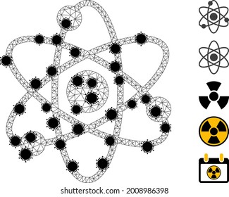 Ilustración vectorial de símbolos poligonales de átomo de malla, con elementos infecciosos negros. El modelo de canal se crea a partir de un icono plano de electrones átomos, con elementos infecciosos y malla poligonal.
