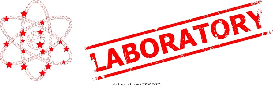 Mesh atom polygonal icon vector illustration, and red LABORATORY rough stamp seal. Carcass model is created from atom flat icon, with stars and polygonal mesh.
