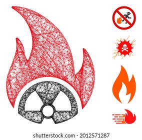 Mesh atomic fire web 2d vector illustration. Model is based on atomic fire flat icon. Network forms abstract atomic fire flat model. wireframe flat web network isolated on a white background.