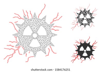 Mesh atomic power sparks model with triangle mosaic icon. Wire frame triangular mesh of atomic power sparks. Vector mosaic of triangle parts in various sizes, and color hues.