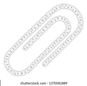 Mesh attach paperclip polygonal 2d illustration. Abstract mesh lines and dots form triangular attach paperclip. Wire frame 2D polygonal line network in vector format isolated on a white background.