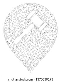 Mesh auction hammer marker polygonal 2d illustration. Abstract mesh lines and dots form triangular auction hammer marker.