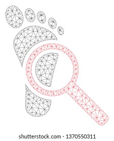 Mesh audit footprint polygonal 2d illustration. Abstract mesh lines and dots form triangular audit footprint. Wire frame 2D polygonal line network in vector format isolated on a white background.