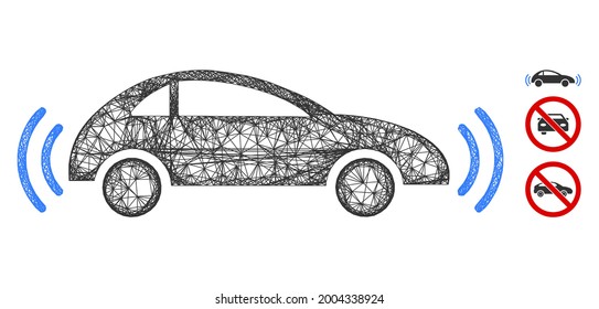 Mesh autonomous car polygonal web icon vector illustration. Carcass model is based on autonomous car flat icon. Triangle network forms abstract autonomous car flat model.