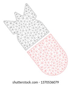 Mesh aviation bomb polygonal 2d illustration. Abstract mesh lines and dots form triangular aviation bomb. Wire frame 2D polygonal line network in vector format isolated on a white background.