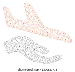 Mesh aviation support hand polygonal 2d illustration. Abstract mesh lines and dots form triangular aviation support hand.