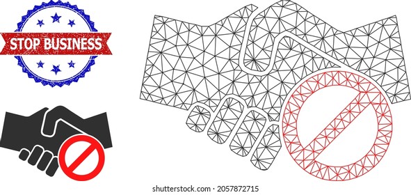 Mesh avoid handshake carcass illustration, and bicolor textured Stop Business watermark. Polygonal wireframe illustration is created from avoid handshake pictogram.