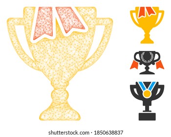 Mesh award bowl polygonal web symbol vector illustration. Carcass model is based on award bowl flat icon. Triangle net forms abstract award bowl flat carcass.