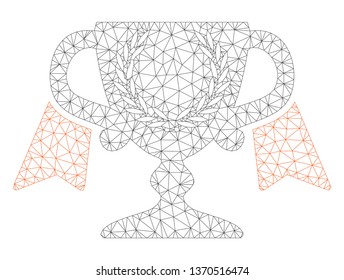 Mesh award cup polygonal icon illustration. Abstract mesh lines and dots form triangular award cup. Wire frame 2D polygonal line network in vector format isolated on a white background.