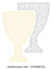Mesh award cups polygonal 2d illustration. Abstract mesh lines and dots form triangular award cups. Wire frame 2D polygonal line network in vector format isolated on a white background.