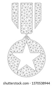Mesh award polygonal 2d illustration. Abstract mesh lines and dots form triangular award. Wire frame 2D polygonal line network in vector format isolated on a white background.