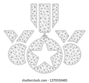 Mesh awards polygonal 2d illustration. Abstract mesh lines and dots form triangular awards. Wire frame 2D polygonal line network in vector format isolated on a white background.
