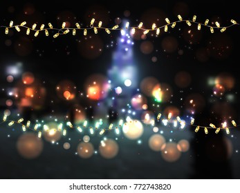 mesh background defocusing christmas tree with glowing garlands at night in the square and vector glowing garlands with lights