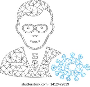 Mesh bacteriologist model icon. Wire frame triangular mesh of vector bacteriologist isolated on a white background. Abstract 2d mesh designed with triangles and circle nodes.