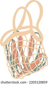 mesh bag with carrots for eco friendly living isolated vector. Fashion buyer of the Vegan Zero Waste concept. Colorful hand drawn vector illustration for banner, postcard, poster