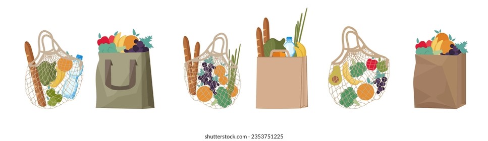 Bolsa de malla, bolso de papel ecológico. Bolsa llena de frutas y verduras (botella de agua, ensalada, uva, naranja, manzana, plátano, brócoli, aguacate, baguette, cebolla verde). Bolsa de compras moderna con comida orgánica fresca