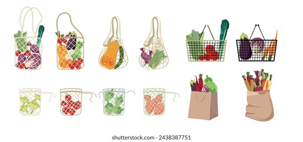 Netztasche, Öko-Papiertüte. Tasche voller Obst und Gemüse. Moderne Einkaufstasche mit frischen Bio-Lebensmitteln. Warenkorb für Produkte. Vegan. Buntes Gemüse.
