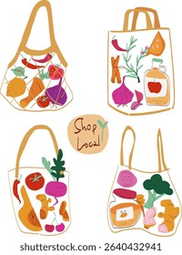 Mesh bag, eco paper bag package with fresh healthy produce. Organic products from the farm. Vegetables, bread, dairy products, vine, meat and eggs. Vector flat design illustration. 