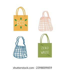 Mesh bag, eco bag, Zero waste. Recycling bag. Creative shoppers with various eco prints, Plastic-free. Vector illustration in flat, cartoon style. 