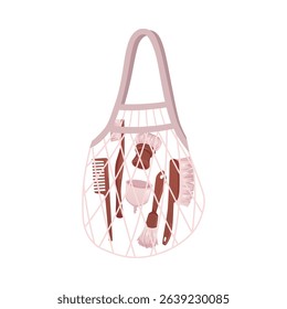 Mesh bag filled with eco-friendly items, brushes, comb, bowl, shaving brush. Reusable and recyclable. Hygiene and beauty items. Vector illustration. Flat style. Isolated background.