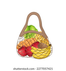 Mesh bag with food vector illustration. Cartoon isolated zero waste reusable net bag for shopping in grocery store or supermarket, eco friendly drawstring cloth pouch with fruit and vegetables