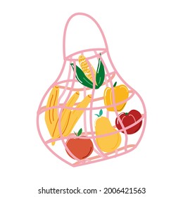 Mesh bag with food, vegetables and fruits. An isolated element on a white background on the theme of food.