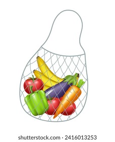 Mesh bag with fruits and vegetables. Vector clipart isolated on white background.