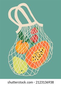A mesh or mesh bag full of fruit. Modern shop with fresh organic papaya, pears, oranges and strawberries from the local market. Vector illustration in flat cartoon style.