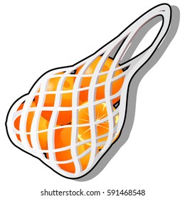 Mesh bag of oranges isolated on a white background. Cartoon vector close-up illustration.