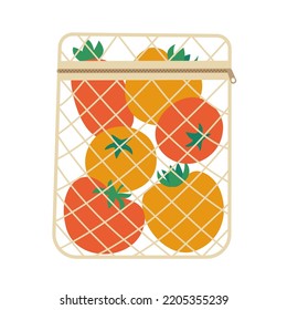 Mesh bag with vegetables: fresh red and yellow tomatoes. The concept of zero waste, eco-friendly shopping, care for the environment. Eco shopping bag with organic vegetables. Vector illustration