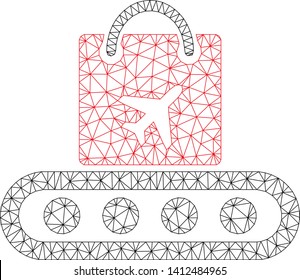 Mesh baggage conveyor model icon. Wire carcass polygonal mesh of vector baggage conveyor isolated on a white background. Abstract 2d mesh designed with polygonal grid and small circle.