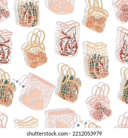 Mesh Bags With Vegetables For Salad, Carrots, Beets, Celery, Chili Peppers And Tomatoes For Eco Friendly Living Vector Seamless Pattern. Fashion Buyer Of The Vegan Zero Waste Concept. 