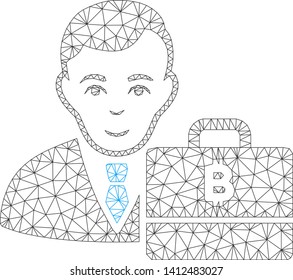 Mesh baht accounter model icon. Wire carcass triangular mesh of vector baht accounter isolated on a white background. Abstract 2d mesh created from triangular lines and small circle.
