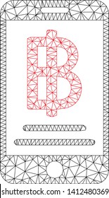 Mesh baht mobile payment model icon. Wire carcass polygonal mesh of vector baht mobile payment isolated on a white background. Abstract 2d mesh designed with polygonal grid and small circle.