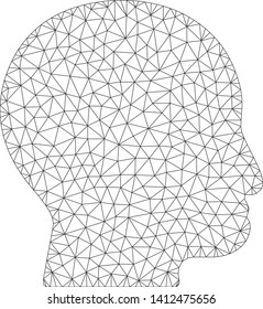 Mesh bald head model icon. Wire frame triangular mesh of vector bald head isolated on a white background. Abstract 2d mesh built from triangular lines and dots.
