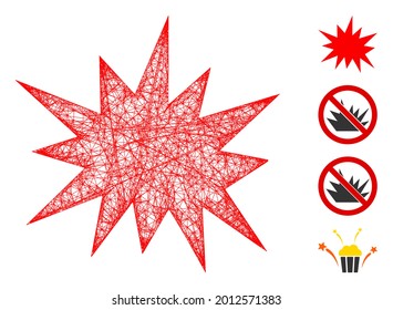 Mesh bang web 2d vector illustration. Carcass model is based on bang flat icon. Network forms abstract bang flat carcass. Wire frame 2D web network isolated on a white background.