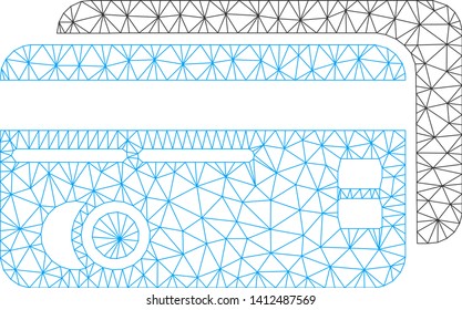 Mesh bank cards model icon. Wire carcass triangular mesh of vector bank cards isolated on a white background. Abstract 2d mesh built from triangular lines and small circle.