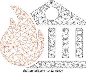 Mesh bank fire conflagration model icon. Wire frame triangular mesh of vector bank fire conflagration isolated on a white background. Abstract 2d mesh created from triangular lines and points.