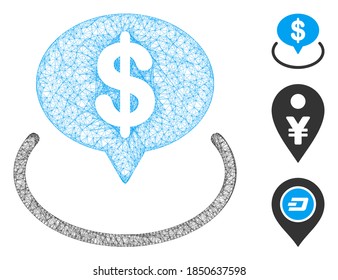 Mesh bank location polygonal web symbol vector illustration. Carcass model is based on bank location flat icon. Triangular mesh forms abstract bank location flat model.